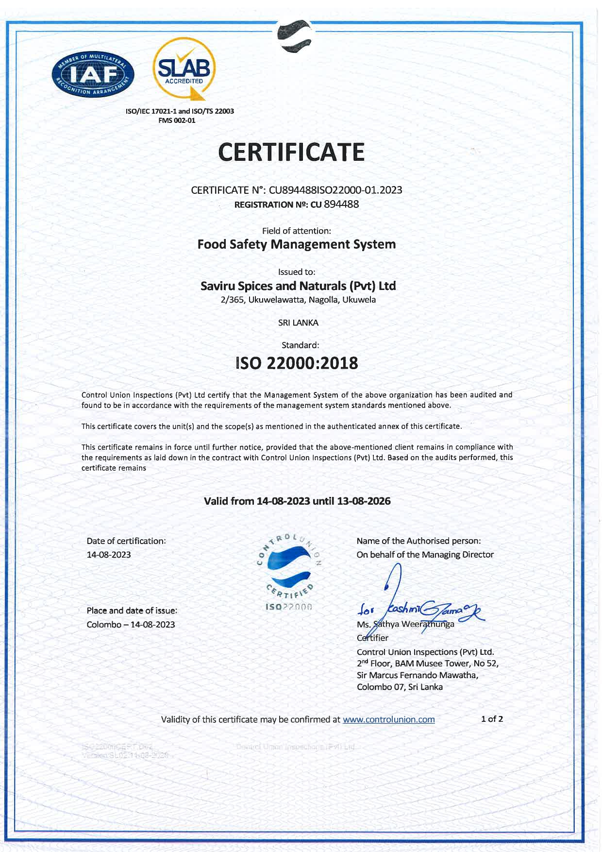 ISO 22000 Certificate